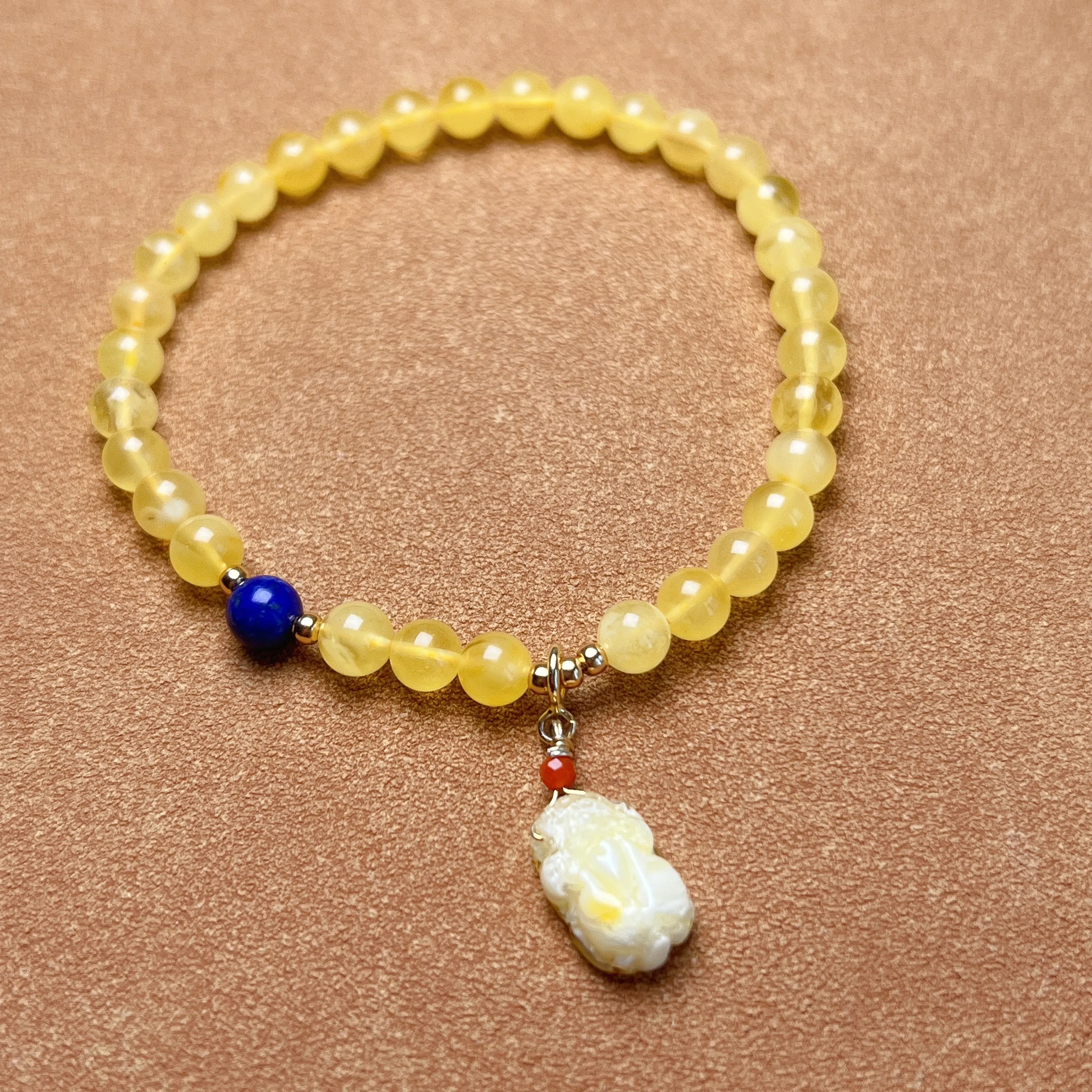 Genuine Amber Bracelet with Mini Pixiu Pendant | Lucky Stone of Aries Gemini Leo Virgo | One of A Kind Jewelry