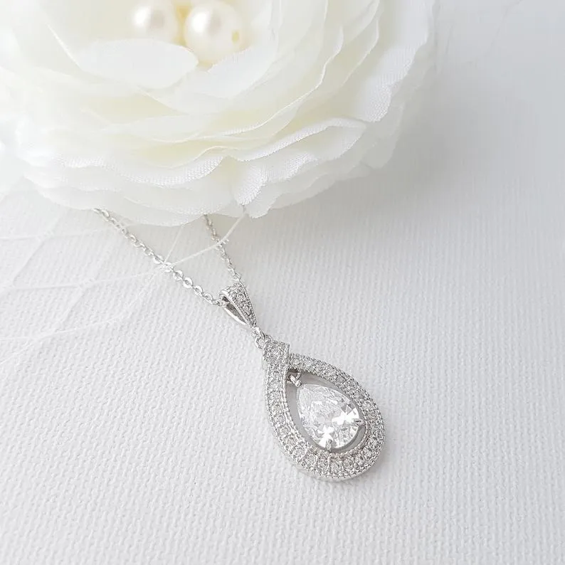 Gold Bridal Pendant Necklace Made of Teardrop Cubic Zirconia- Sarah