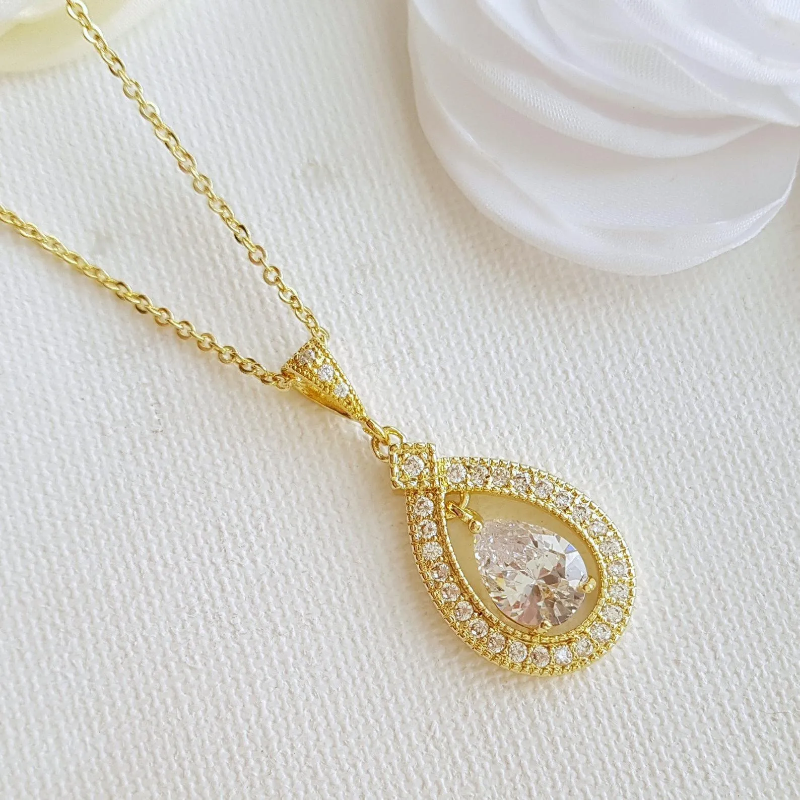 Gold Bridal Pendant Necklace Made of Teardrop Cubic Zirconia- Sarah