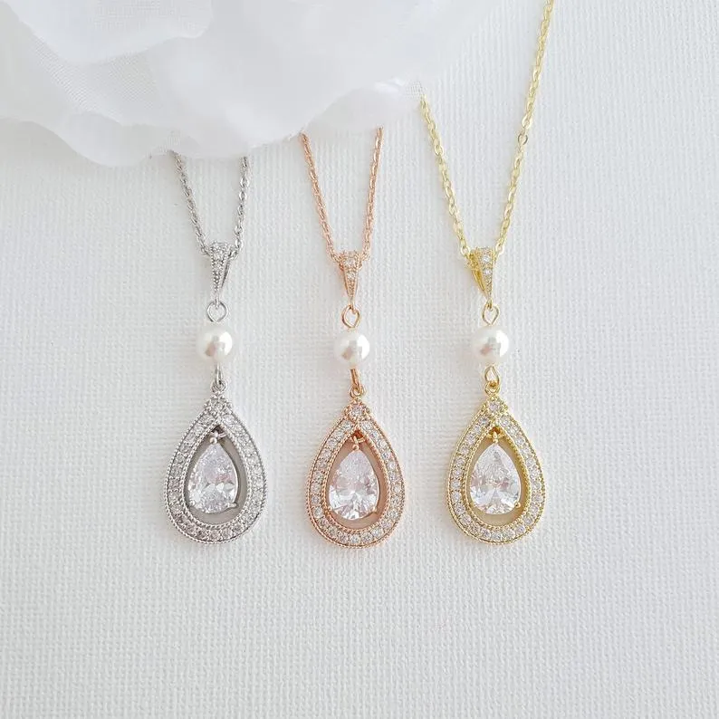 Gold Bridal Pendant Necklace Made of Teardrop Cubic Zirconia- Sarah