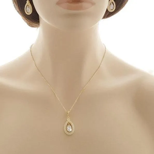 Gold Bridal Pendant Necklace Made of Teardrop Cubic Zirconia- Sarah