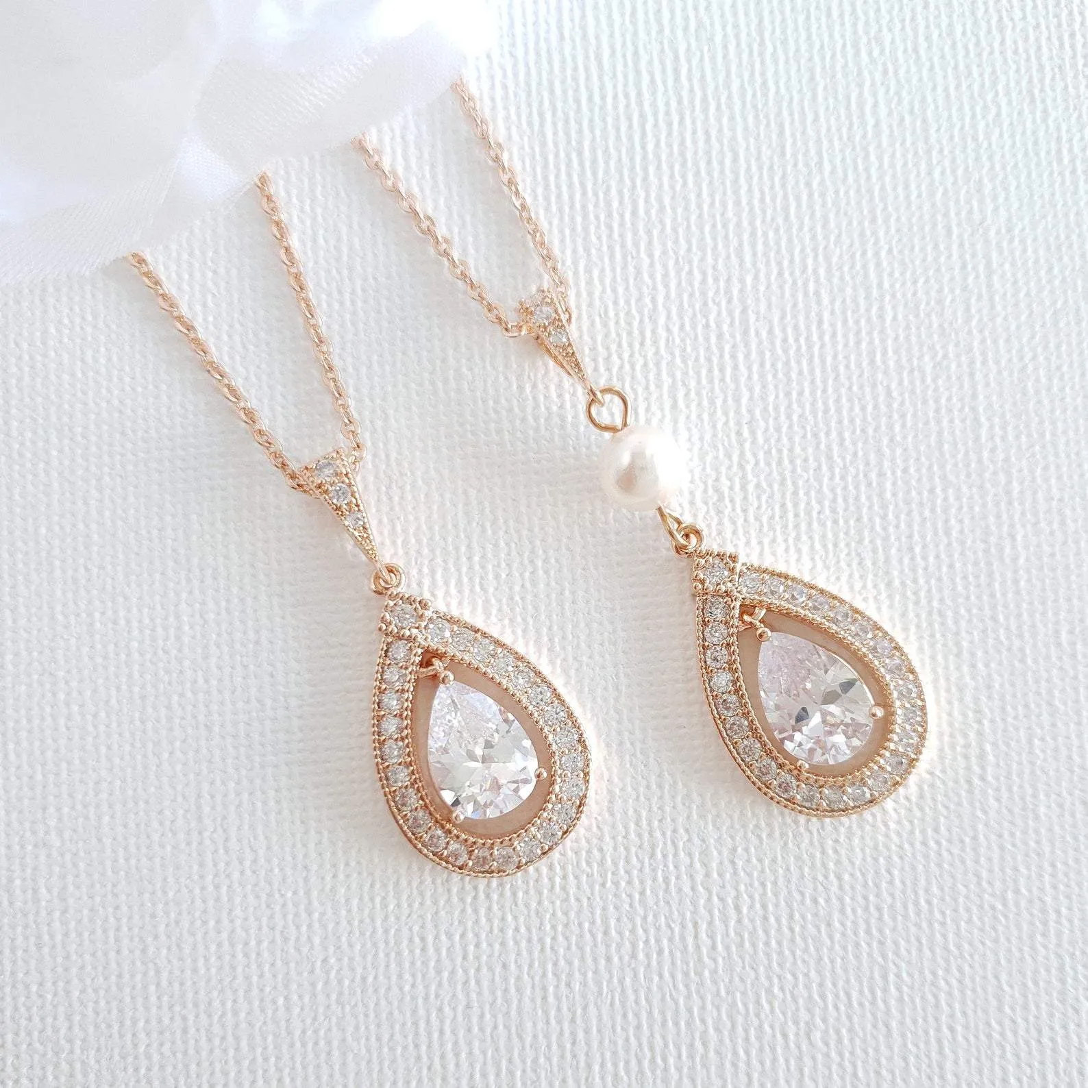 Gold Bridal Pendant Necklace Made of Teardrop Cubic Zirconia- Sarah