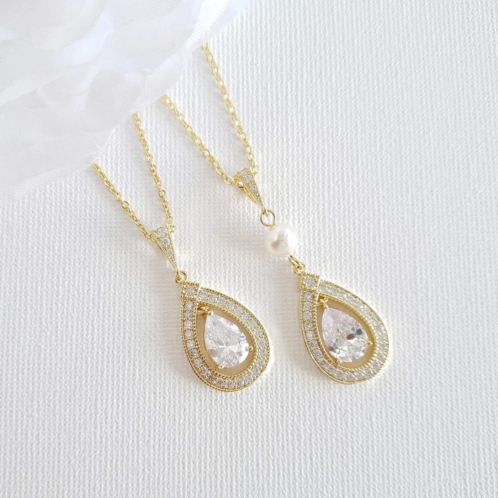 Gold Bridal Pendant Necklace Made of Teardrop Cubic Zirconia- Sarah