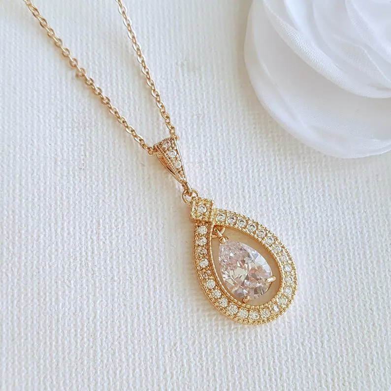 Gold Bridal Pendant Necklace Made of Teardrop Cubic Zirconia- Sarah