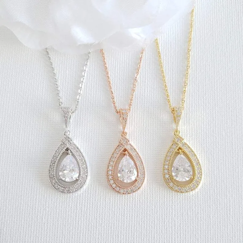 Gold Bridal Pendant Necklace Made of Teardrop Cubic Zirconia- Sarah