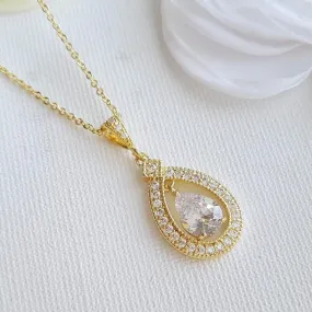 Gold Bridal Pendant Necklace Made of Teardrop Cubic Zirconia- Sarah