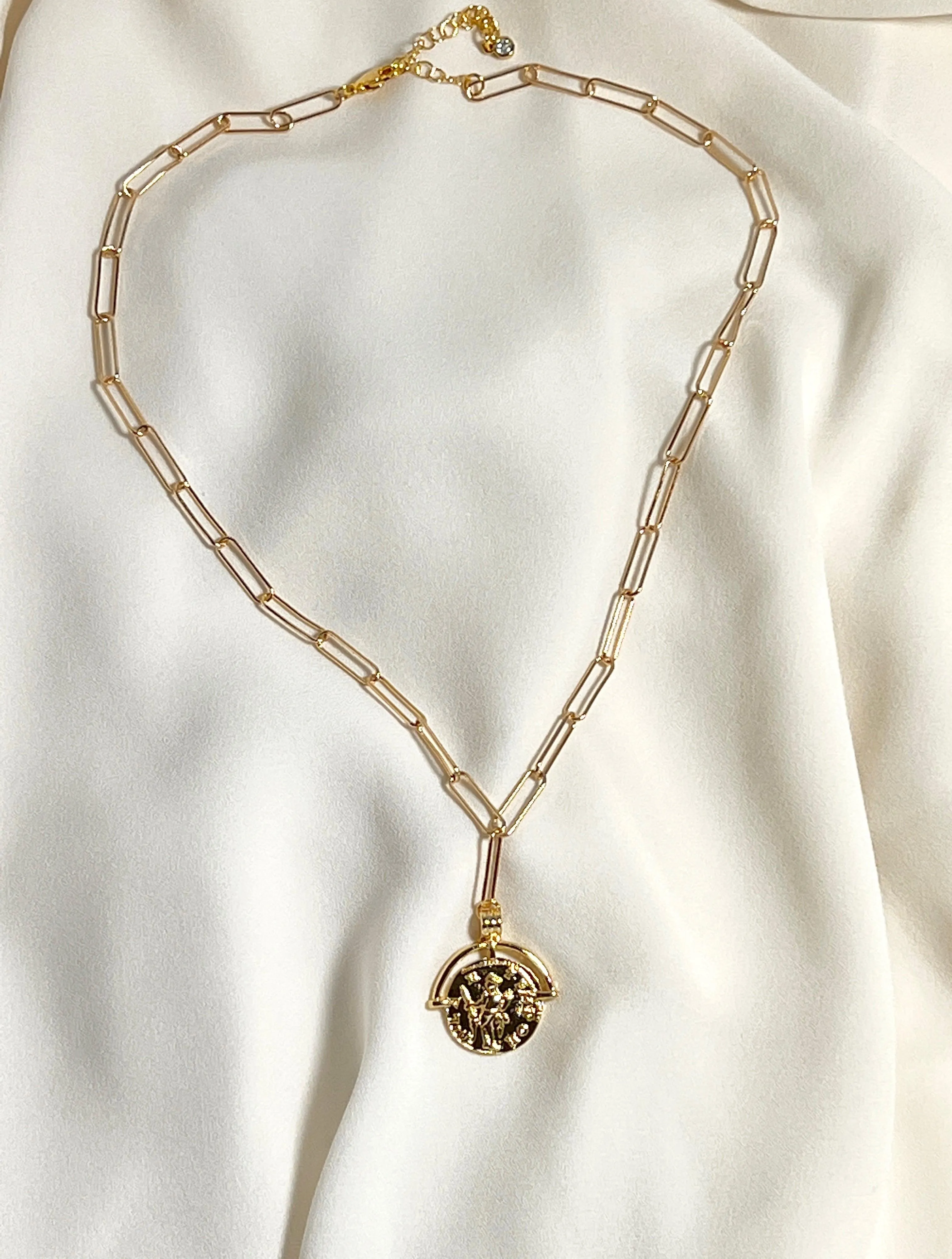 Gold Paperclip Chain with Greek Medallion Necklace