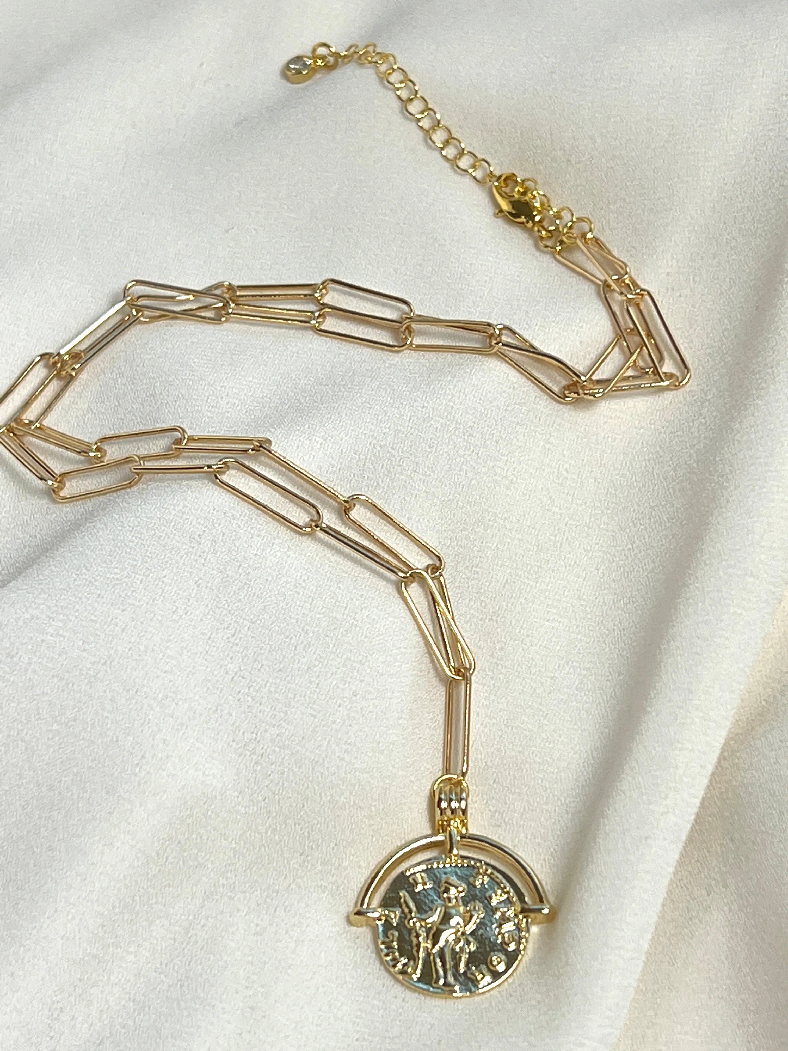 Gold Paperclip Chain with Greek Medallion Necklace