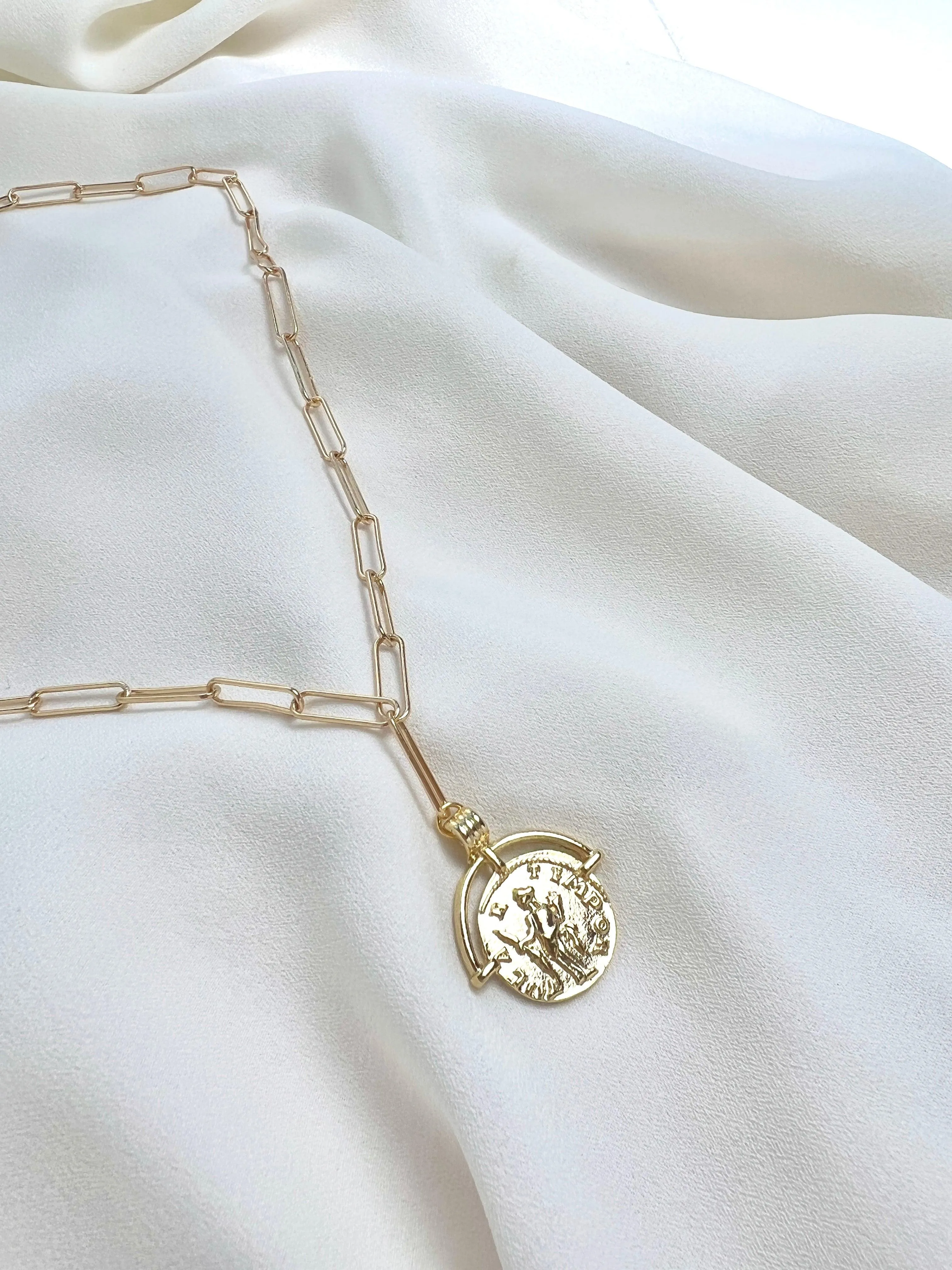 Gold Paperclip Chain with Greek Medallion Necklace