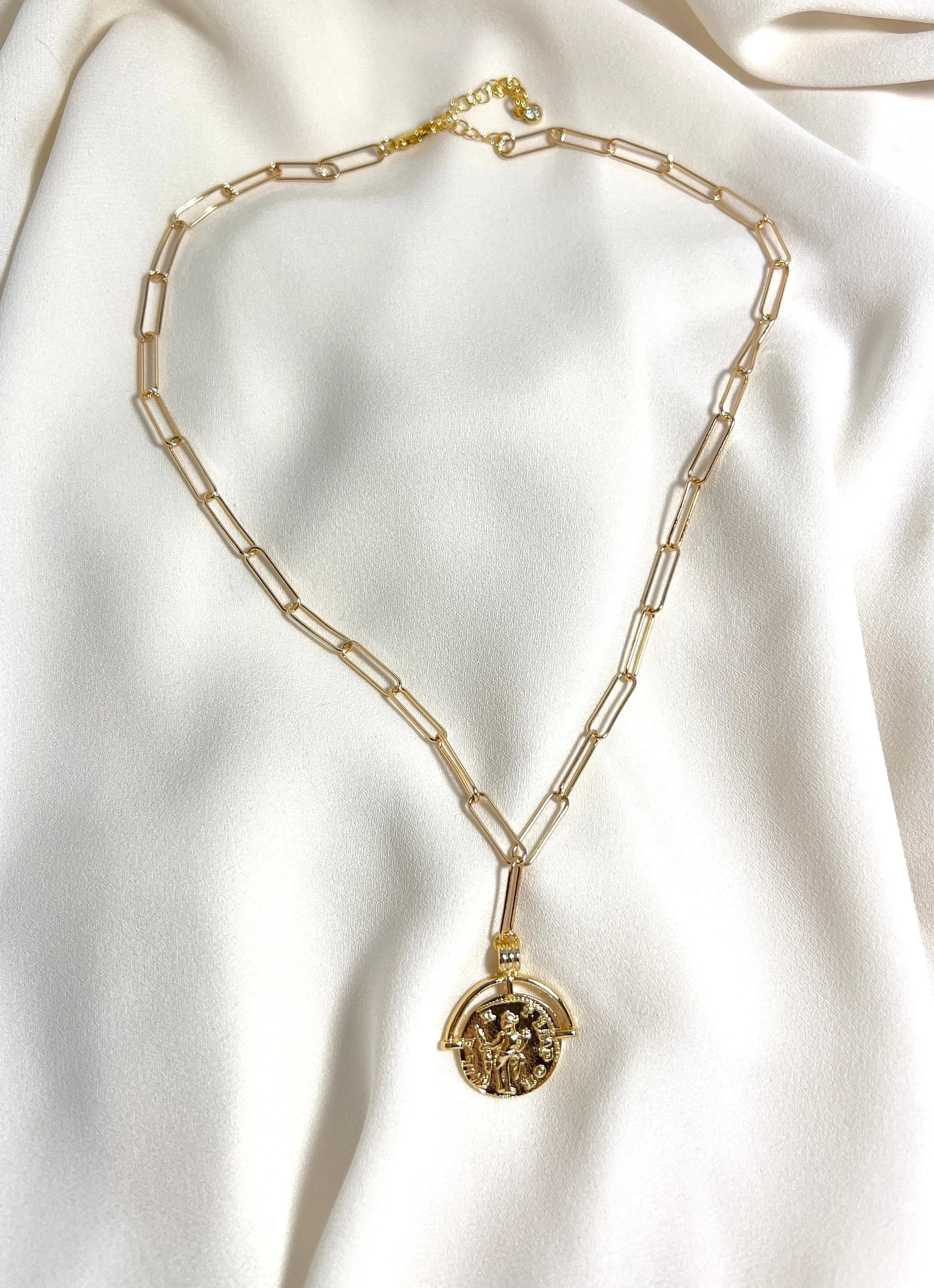 Gold Paperclip Chain with Greek Medallion Necklace