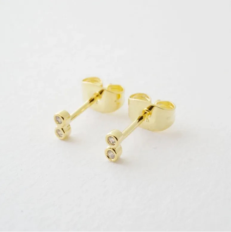 Gold Tiny Double Circle Crystal Earrings