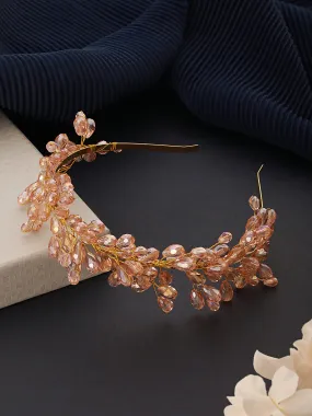 Gold-Toned Peach Pearl Studded Flower Tiara Hairband