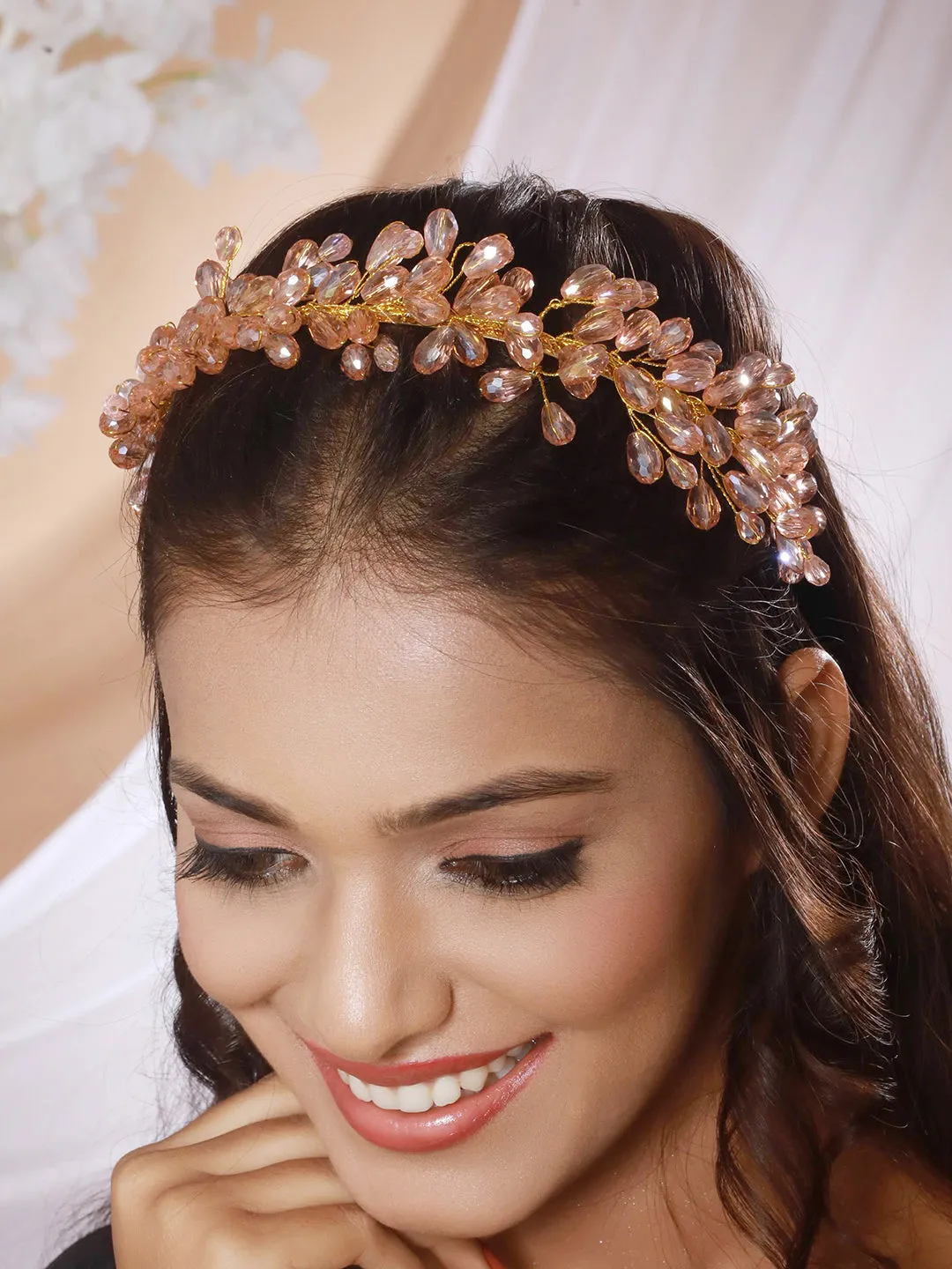 Gold-Toned Peach Pearl Studded Flower Tiara Hairband