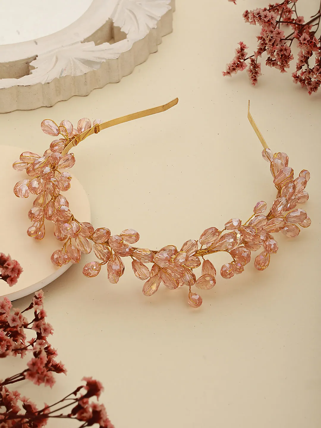 Gold-Toned Peach Pearl Studded Flower Tiara Hairband