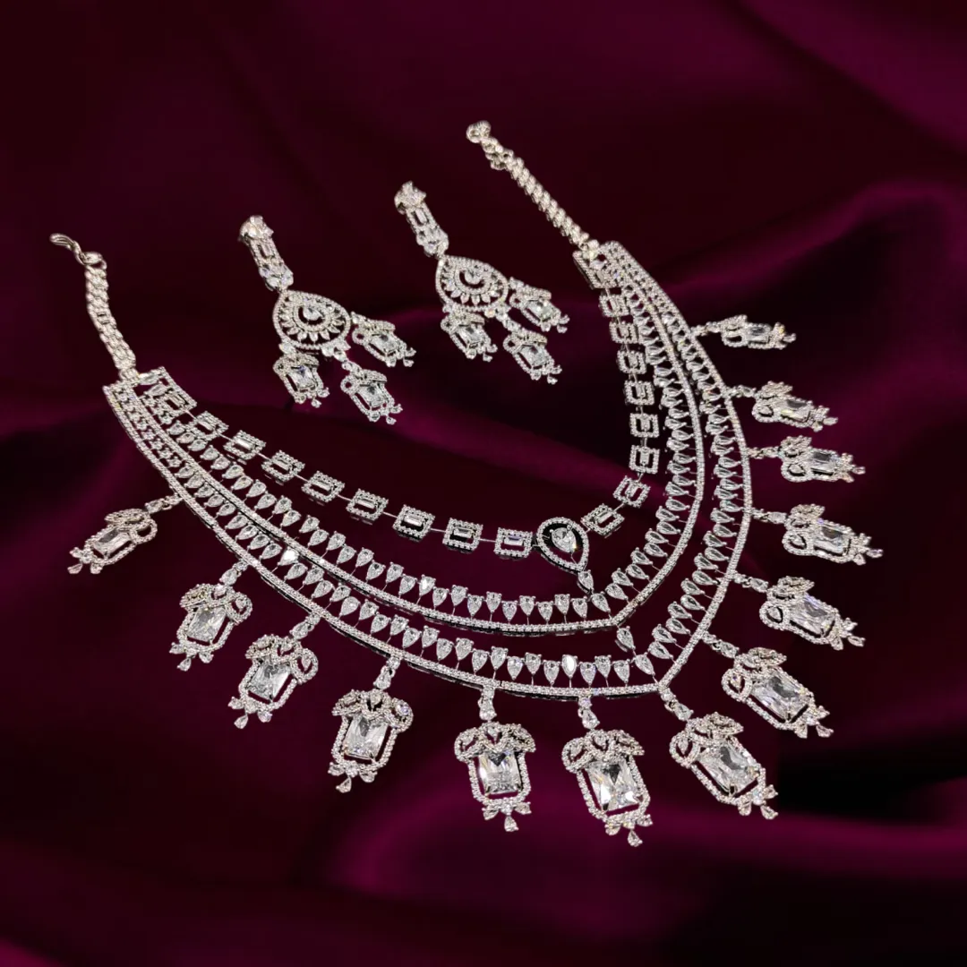 Grace Chandelier Statement Necklace Set Designer White Gold Plated Fashion Jewelry by Jaipur Rose Indian Jewelry Online