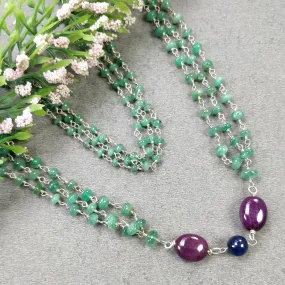 Green EMERALD & Sapphire Ruby Gemstones Beads Chain NECKLACE : 925 Sterling Silver Natural Emerald Cabochon 31" Statement Necklace