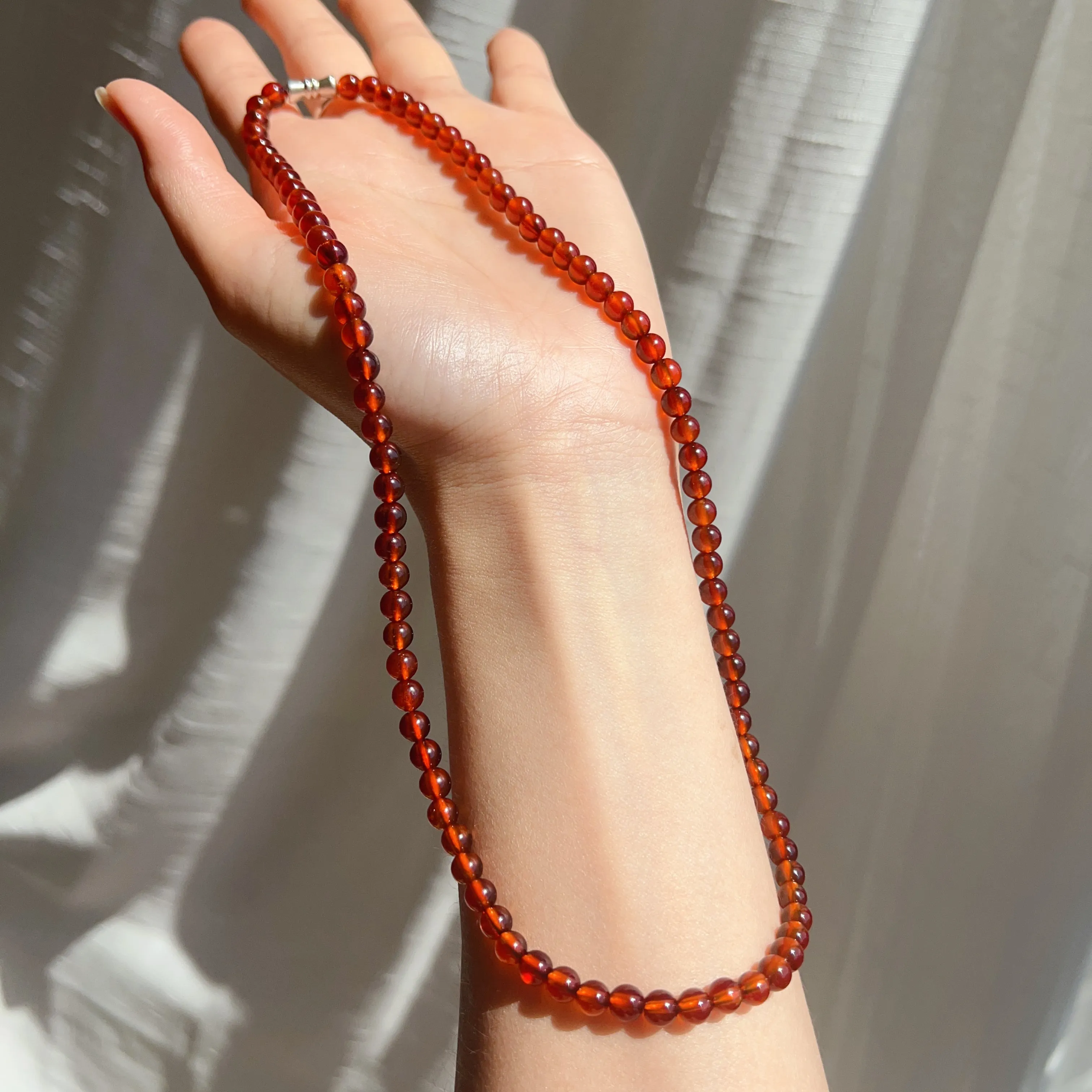 Handmade Natural Spessartine Garnet Beaded Necklace with 925 Sterling Silver Screw Lock