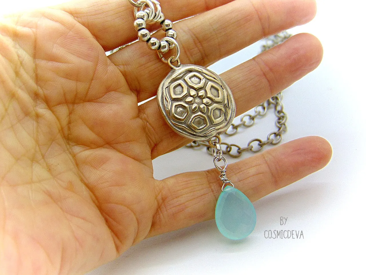 Handmade Silver Bronze Lentil Bead Pendant Aqua Blue Chalcedony Bronze Necklace