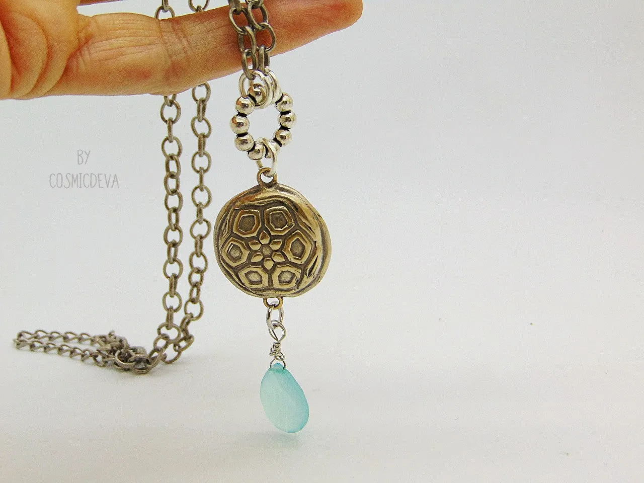 Handmade Silver Bronze Lentil Bead Pendant Aqua Blue Chalcedony Bronze Necklace