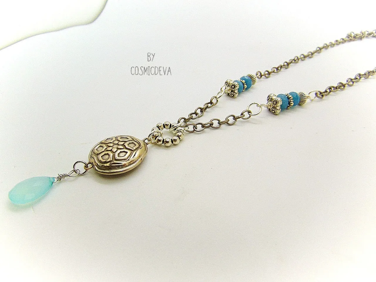 Handmade Silver Bronze Lentil Bead Pendant Aqua Blue Chalcedony Bronze Necklace