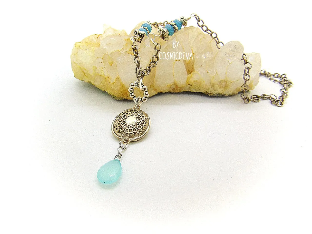 Handmade Silver Bronze Lentil Bead Pendant Aqua Blue Chalcedony Bronze Necklace