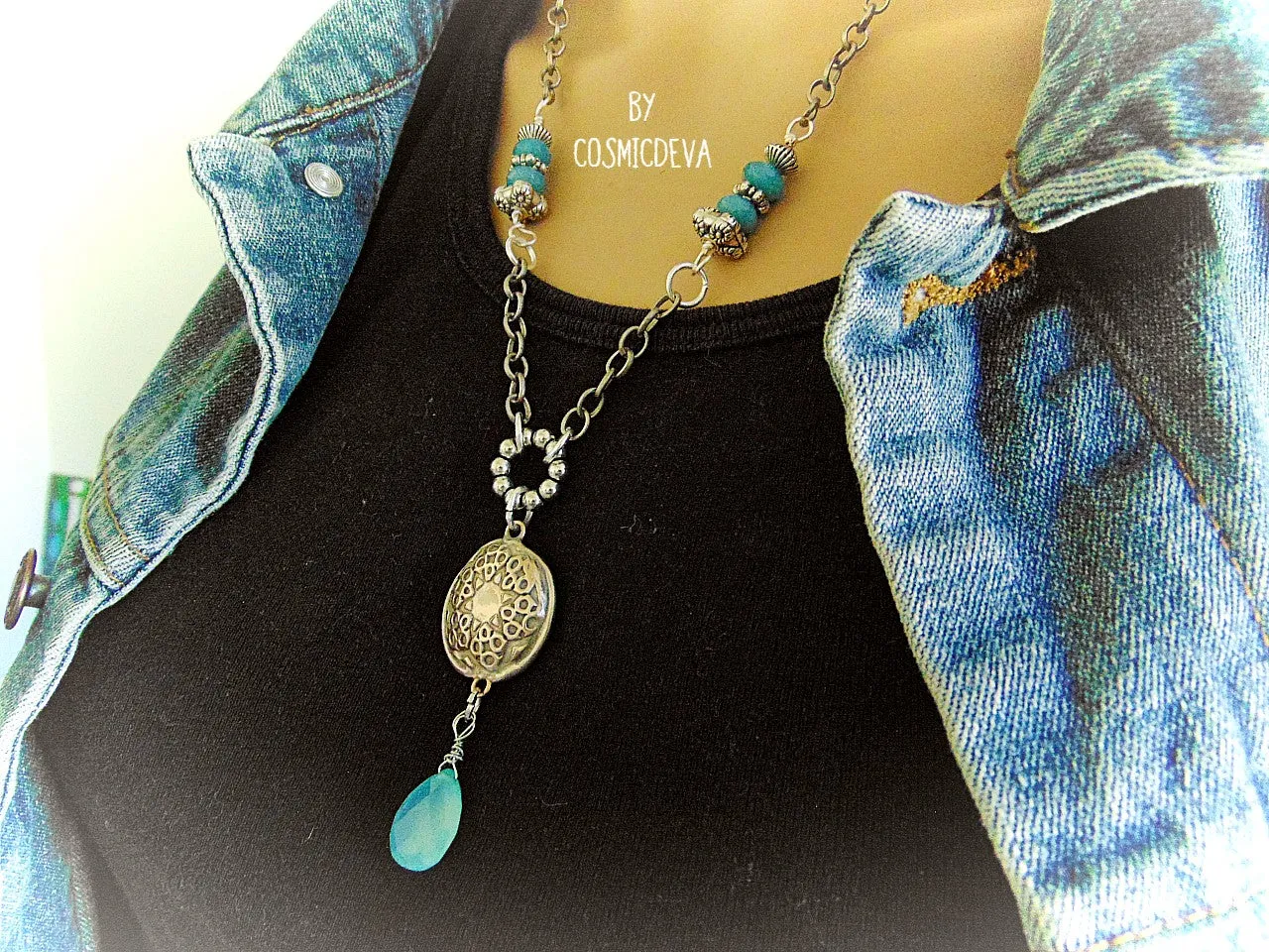 Handmade Silver Bronze Lentil Bead Pendant Aqua Blue Chalcedony Bronze Necklace