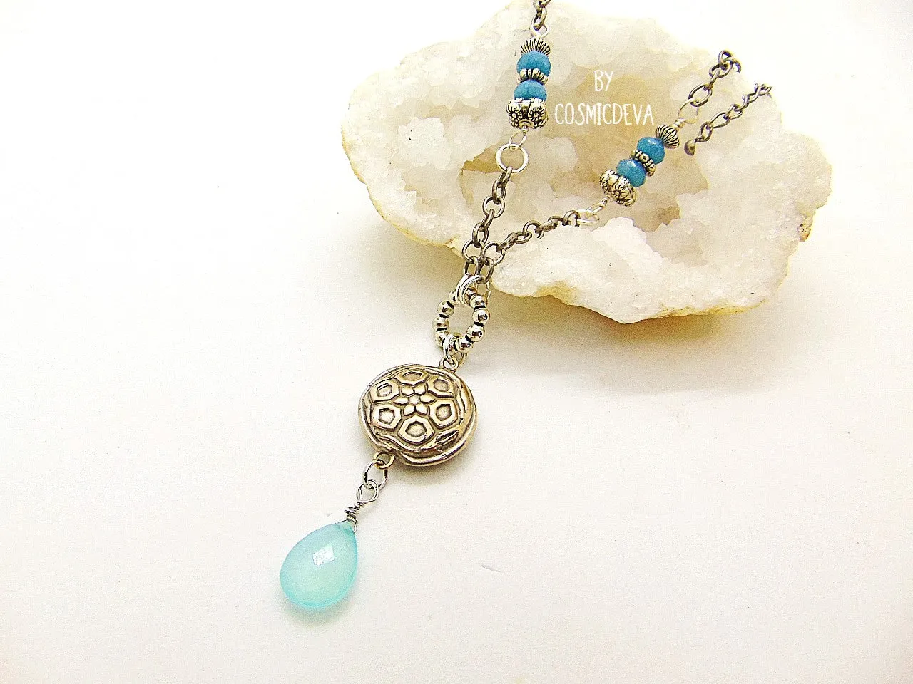 Handmade Silver Bronze Lentil Bead Pendant Aqua Blue Chalcedony Bronze Necklace