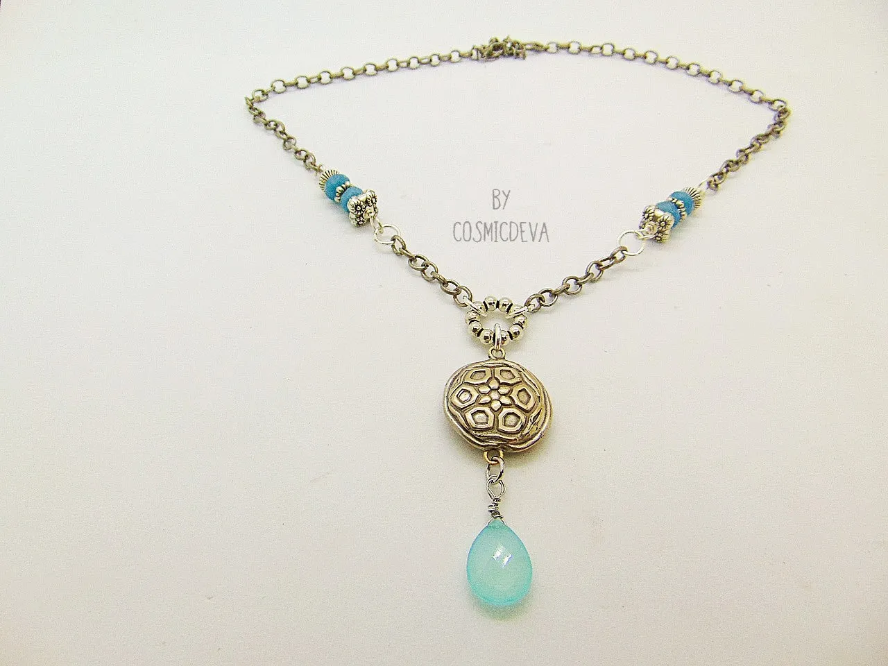 Handmade Silver Bronze Lentil Bead Pendant Aqua Blue Chalcedony Bronze Necklace