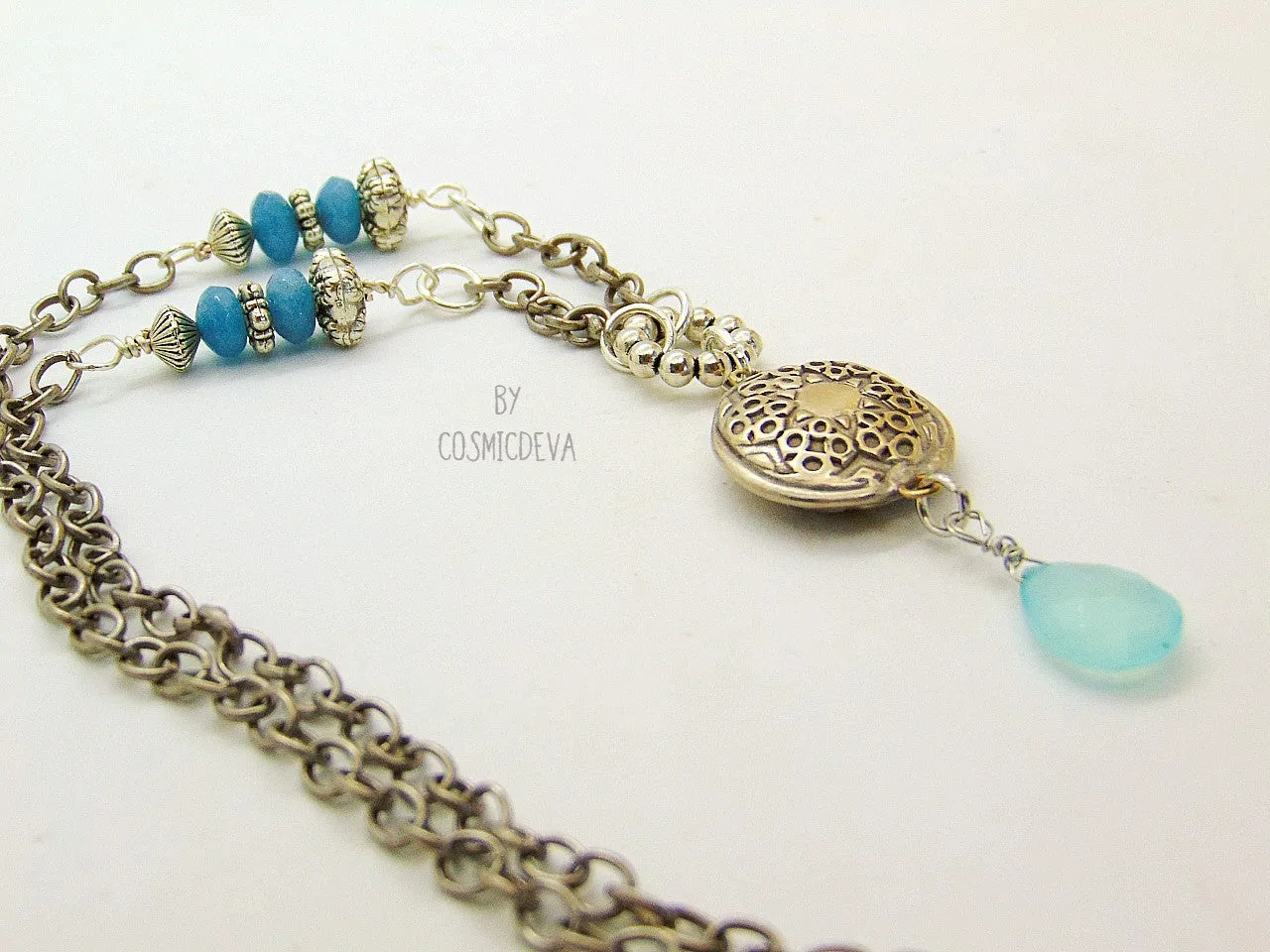 Handmade Silver Bronze Lentil Bead Pendant Aqua Blue Chalcedony Bronze Necklace