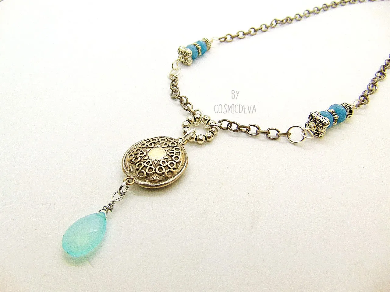 Handmade Silver Bronze Lentil Bead Pendant Aqua Blue Chalcedony Bronze Necklace