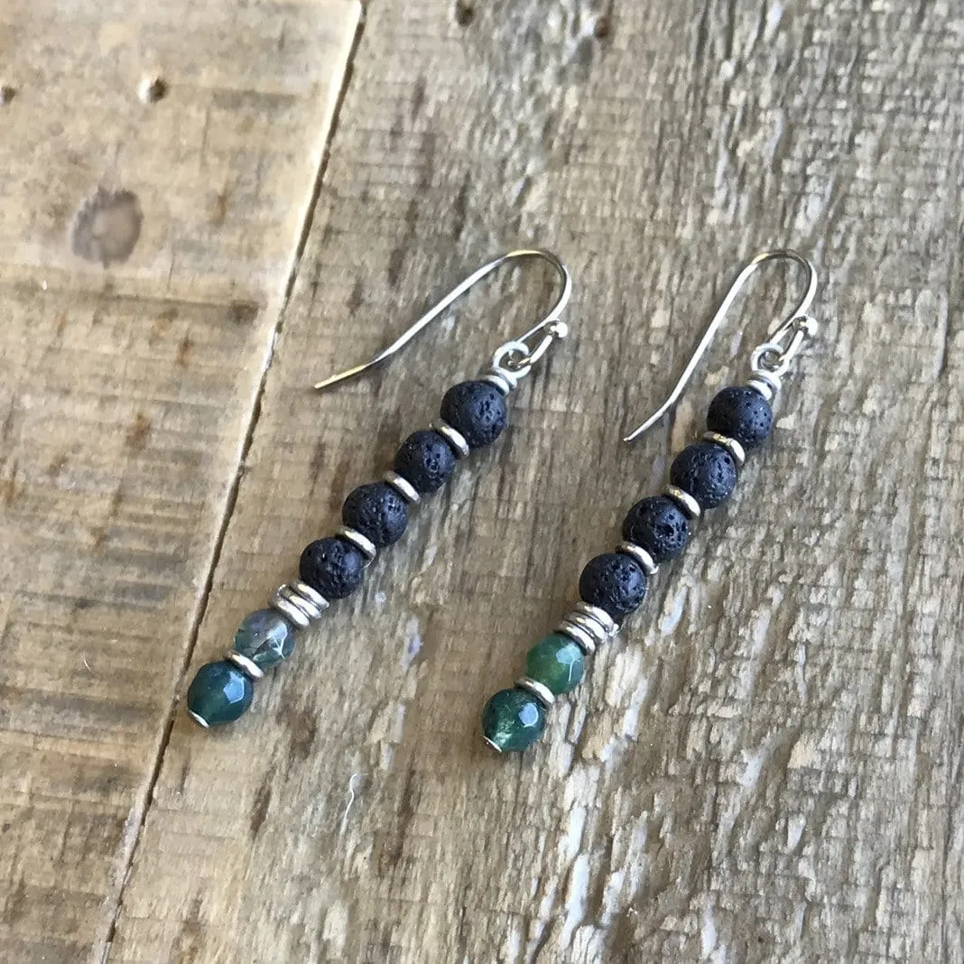 Heart Chakra Aromatherapy Earrings with Lava Rock and Moss Agate *Final Sale*