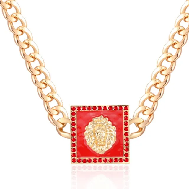 Hiphop Lion Head Choker Necklace Gold Color Statement Alloy Crystal Enamel Pendant Basketball Wives Chunky Chain Costume Jewelry