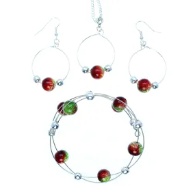 Jewelry Set XMAS-JWL-1014 Red Green Silver 10mm Beads on Wire