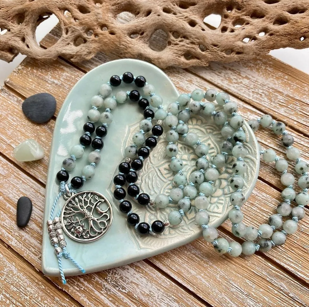 Kiwi Jasper and Onyx Hand Knotted Mala Necklace