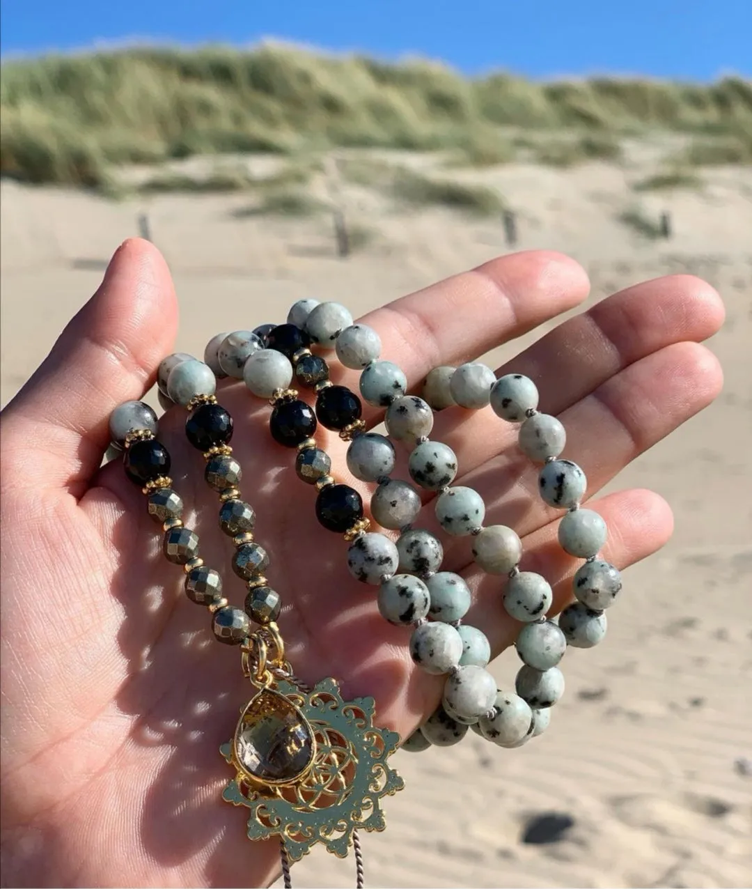 Kiwi Jasper and Onyx Hand Knotted Mala Necklace