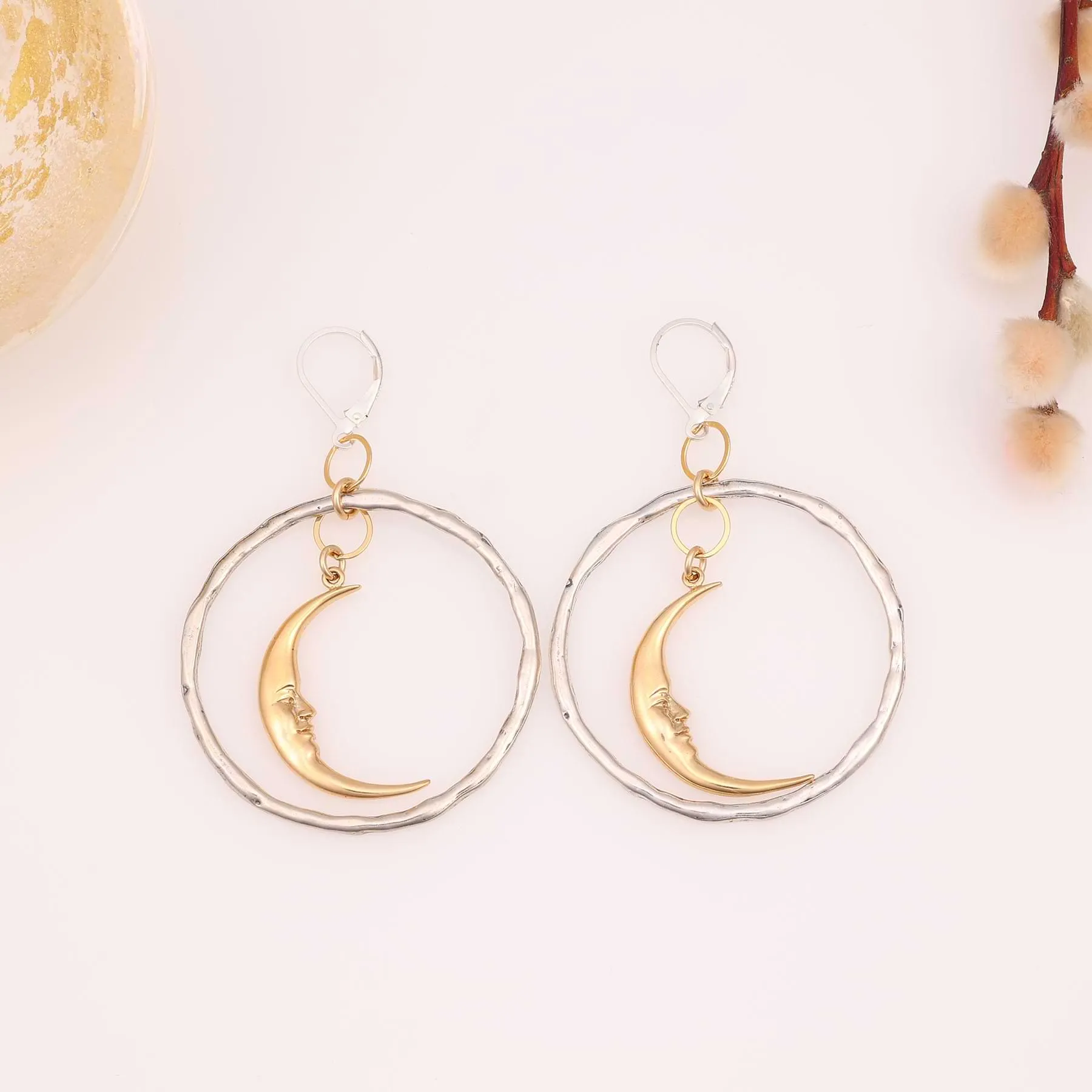 Luna Smiles - Smiling Crescent Moon Silver Hoop Earrings