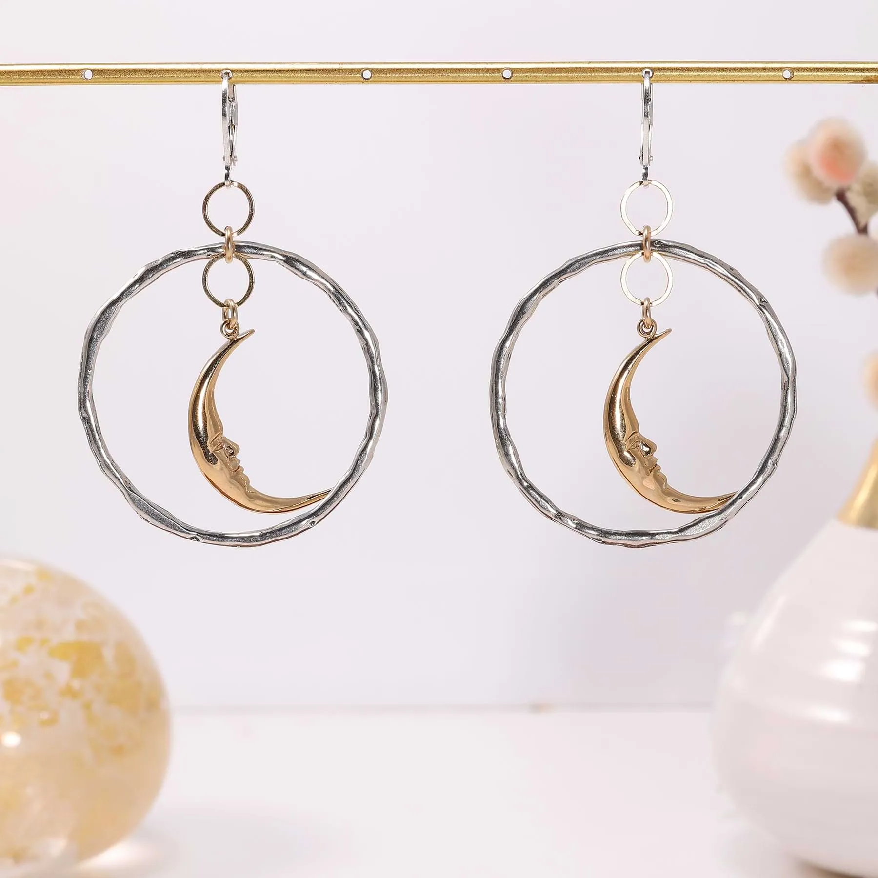 Luna Smiles - Smiling Crescent Moon Silver Hoop Earrings