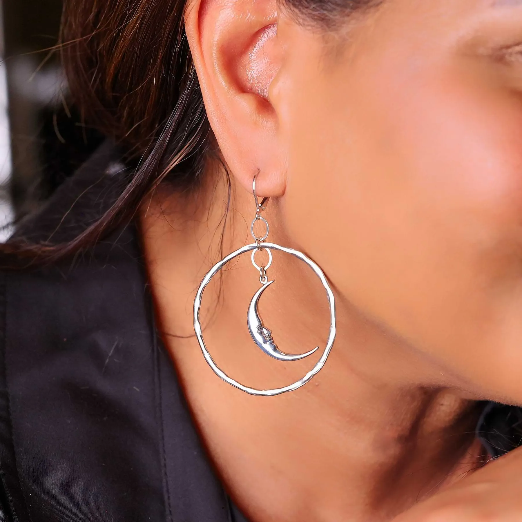 Luna Smiles - Smiling Crescent Moon Silver Hoop Earrings