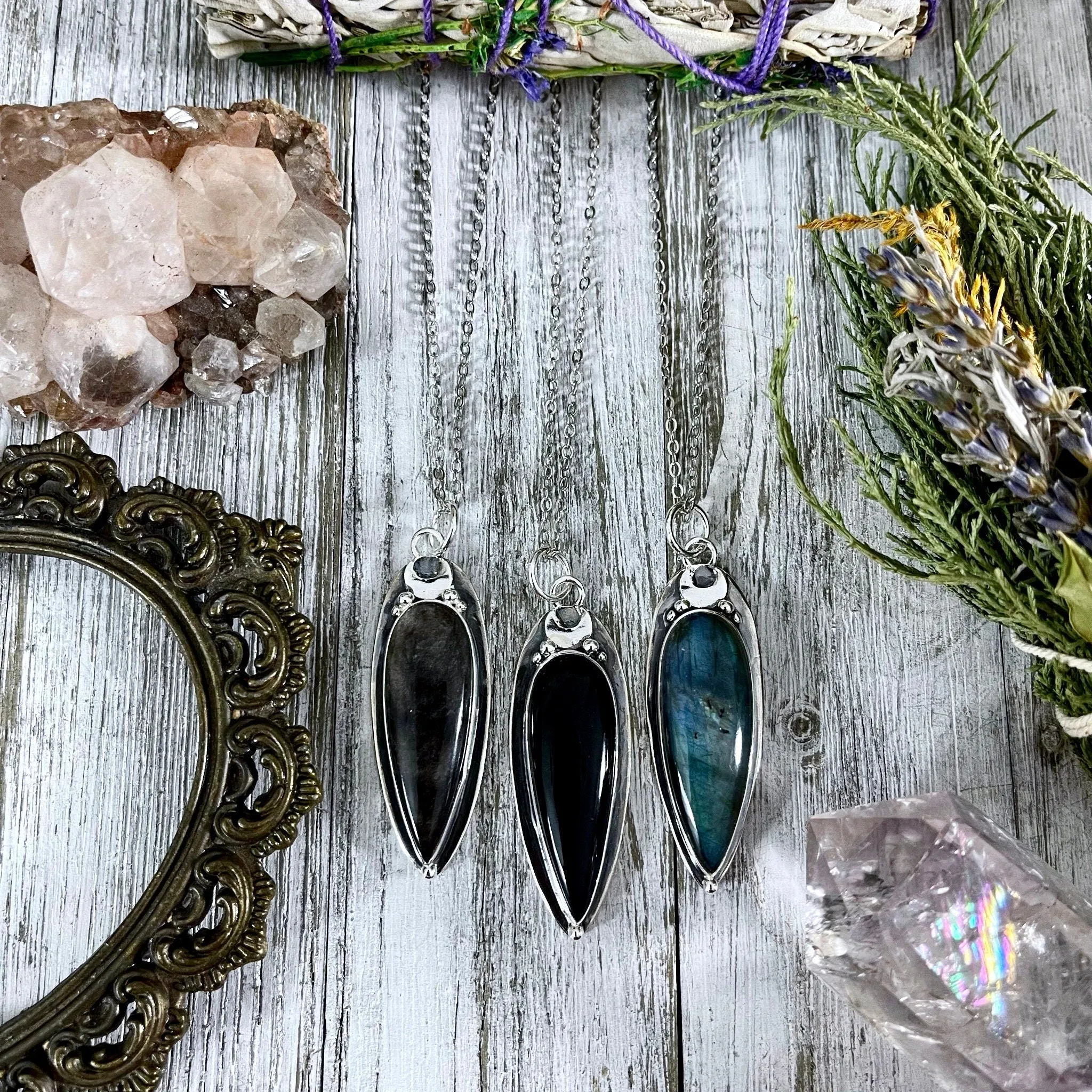 Magic Moon Crystal Necklace in Sterling Silver- Silver Sheen Obsidian, Black Onyx or Labradorite -Designed by FOXLARK Collection