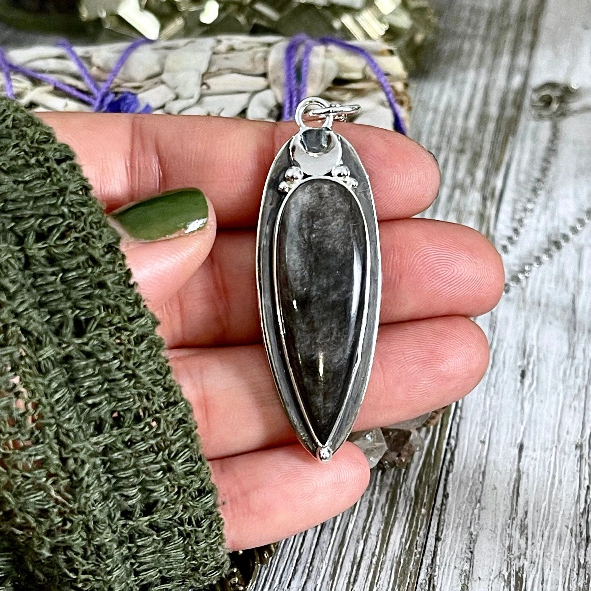 Magic Moon Crystal Necklace in Sterling Silver- Silver Sheen Obsidian, Black Onyx or Labradorite -Designed by FOXLARK Collection