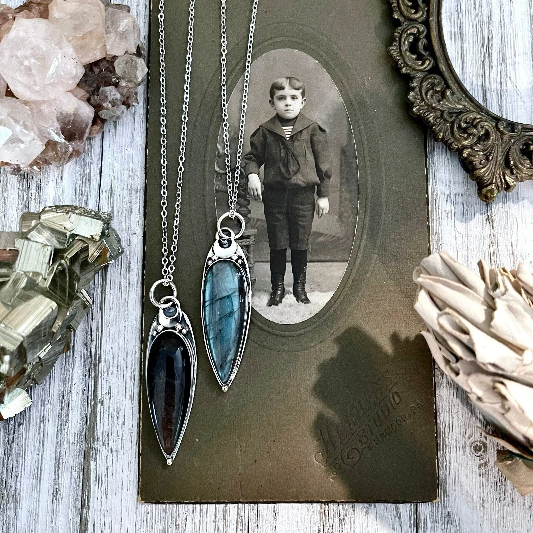 Magic Moon Crystal Necklace in Sterling Silver- Silver Sheen Obsidian, Black Onyx or Labradorite -Designed by FOXLARK Collection