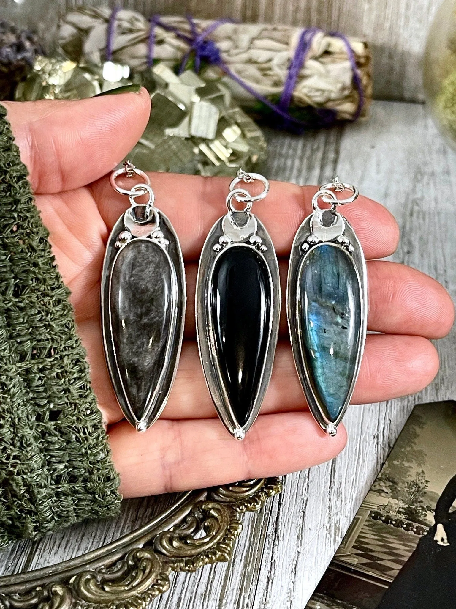 Magic Moon Crystal Necklace in Sterling Silver- Silver Sheen Obsidian, Black Onyx or Labradorite -Designed by FOXLARK Collection