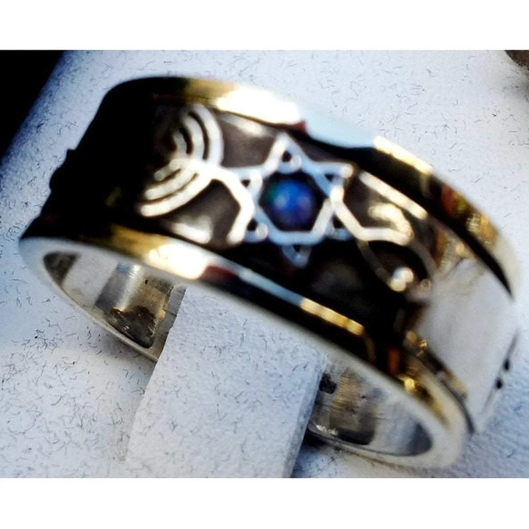 Messianic spinner ring silver & gold star David fish menorah ring