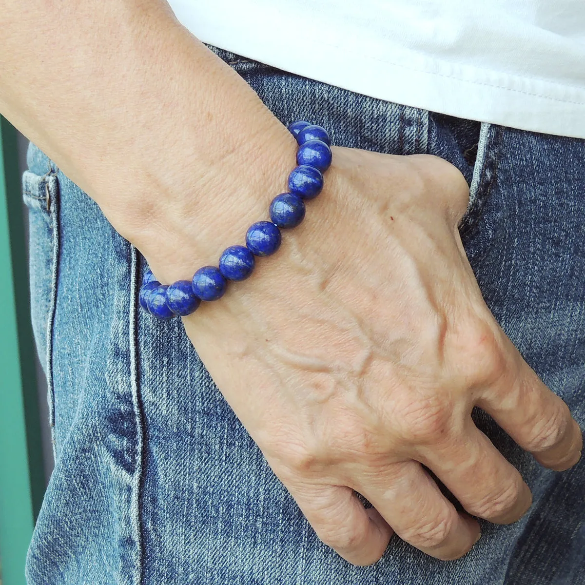 Natural 10mm Lapis Lazuli Elastic Bracelet | Handmade Reiki Healing Stone Jewelry | Third Eye Chakra Improve Sleep