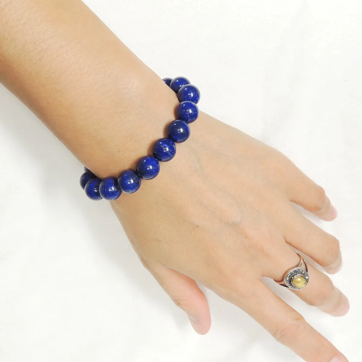 Natural 10mm Lapis Lazuli Elastic Bracelet | Handmade Reiki Healing Stone Jewelry | Third Eye Chakra Improve Sleep