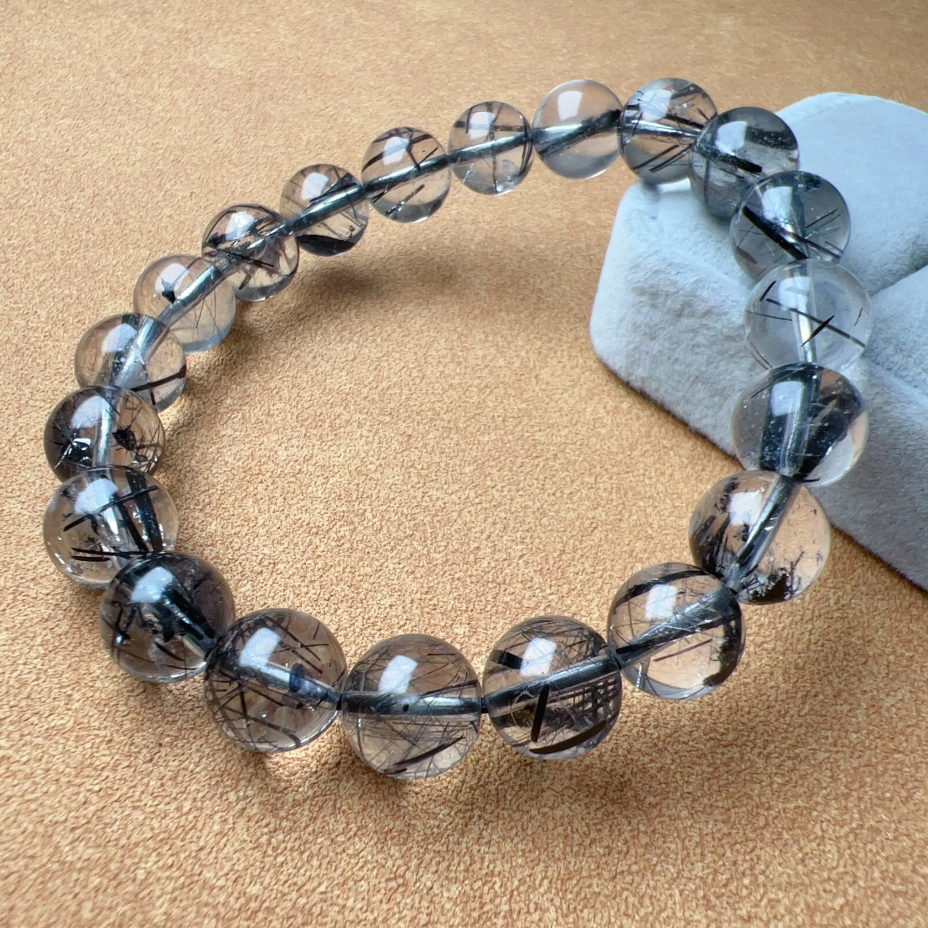 Natural Black Tourmalated Quartz Inclusion Crystal Bracelet with 9.6mm Beads | Men's Women's Healing Jewelry Remove Negativity