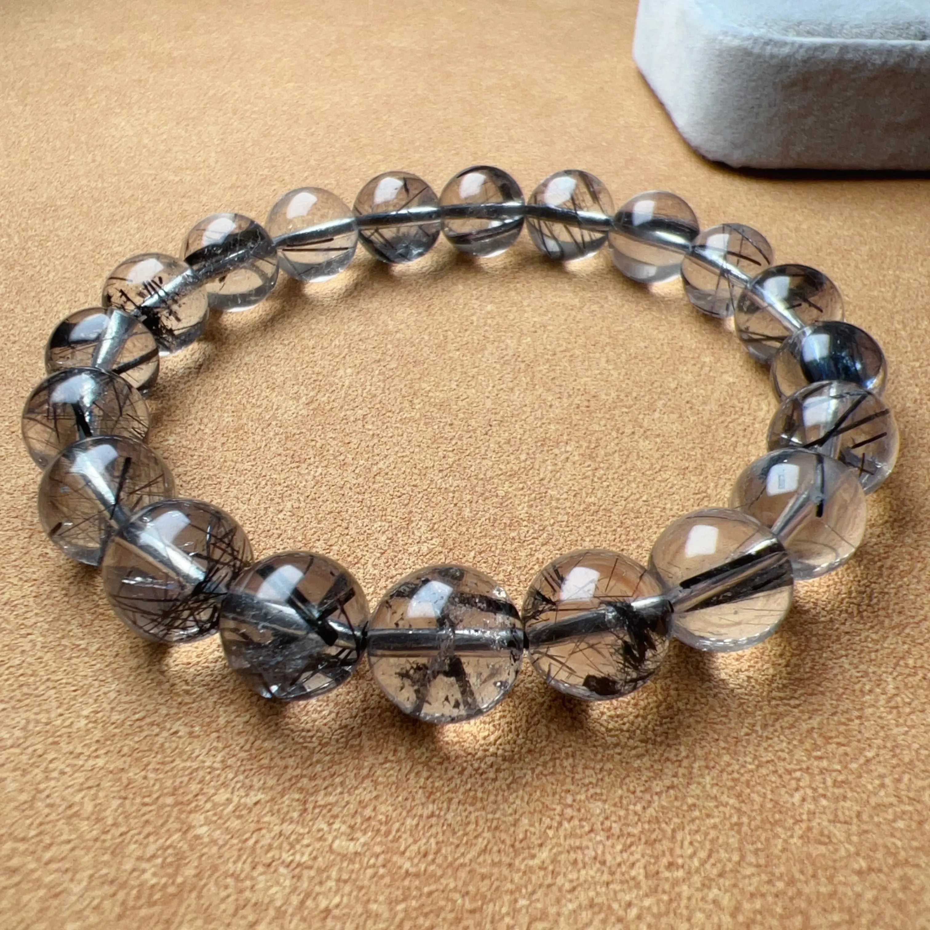 Natural Black Tourmalated Quartz Inclusion Crystal Bracelet with 9.6mm Beads | Men's Women's Healing Jewelry Remove Negativity