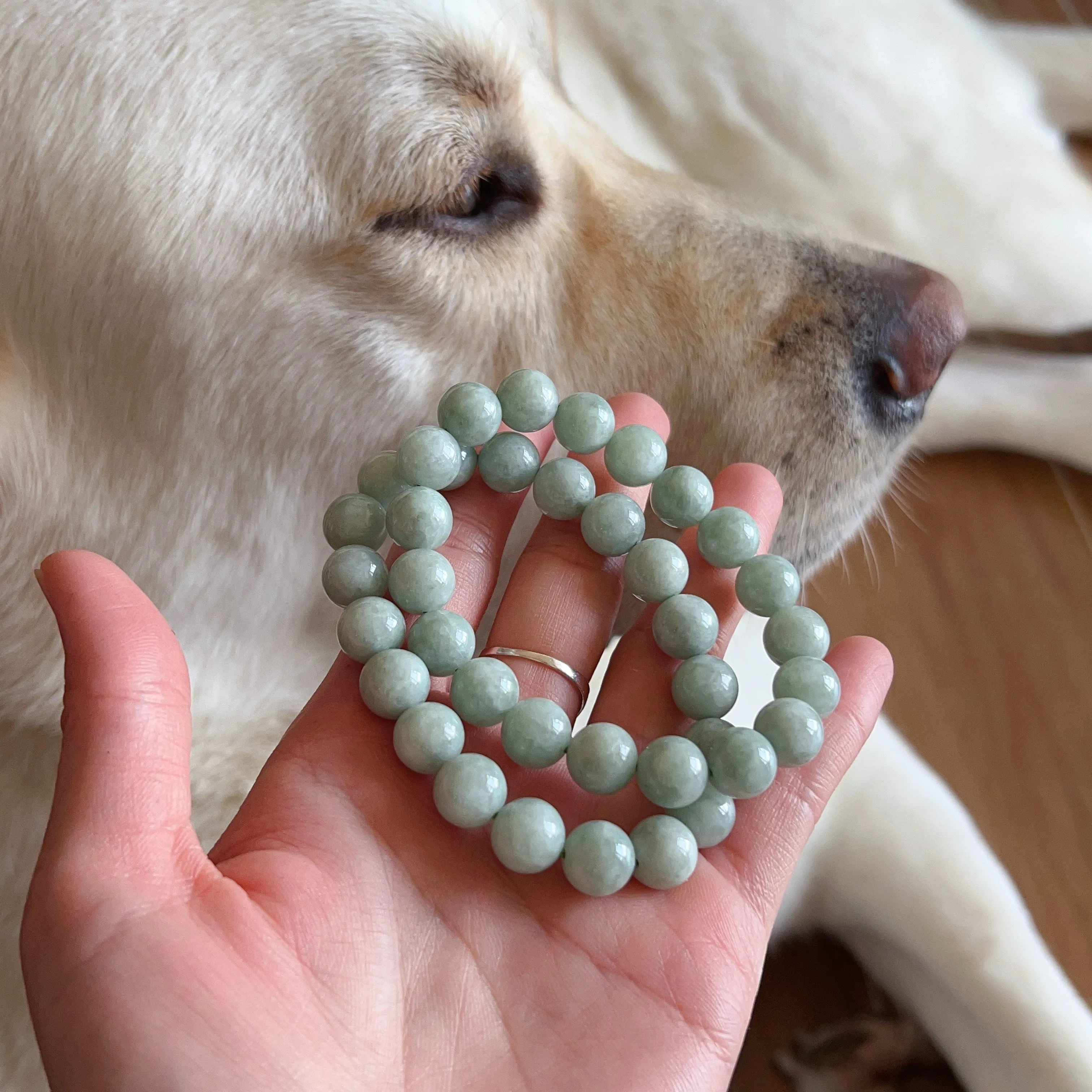 Natural Jadeite Healing Stone Elastic Bracelet | 10.3mm Jade Beads Jewelry Handmade by Karen | 4th Heart Chakra Lower Blood Pressure