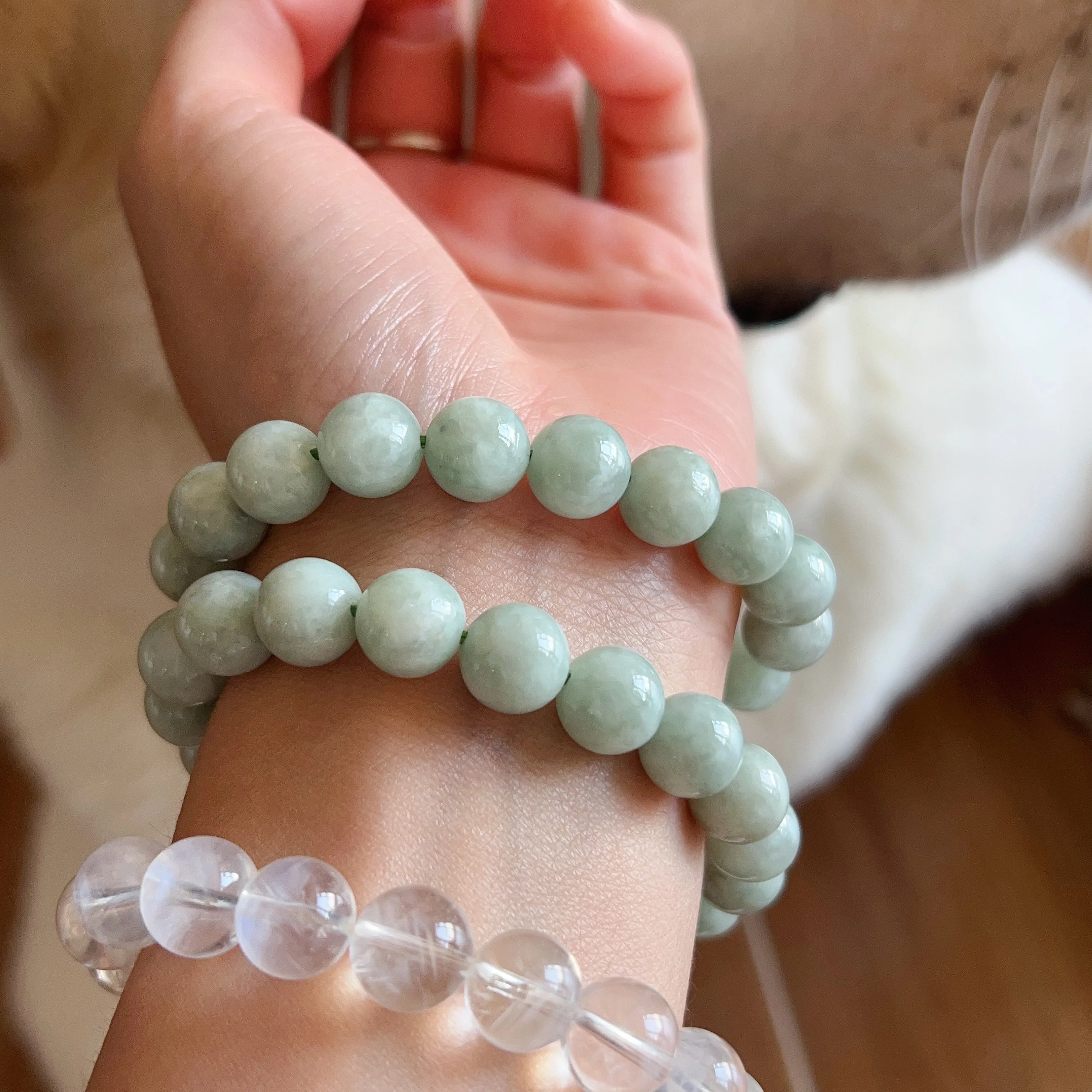 Natural Jadeite Healing Stone Elastic Bracelet | 10.3mm Jade Beads Jewelry Handmade by Karen | 4th Heart Chakra Lower Blood Pressure