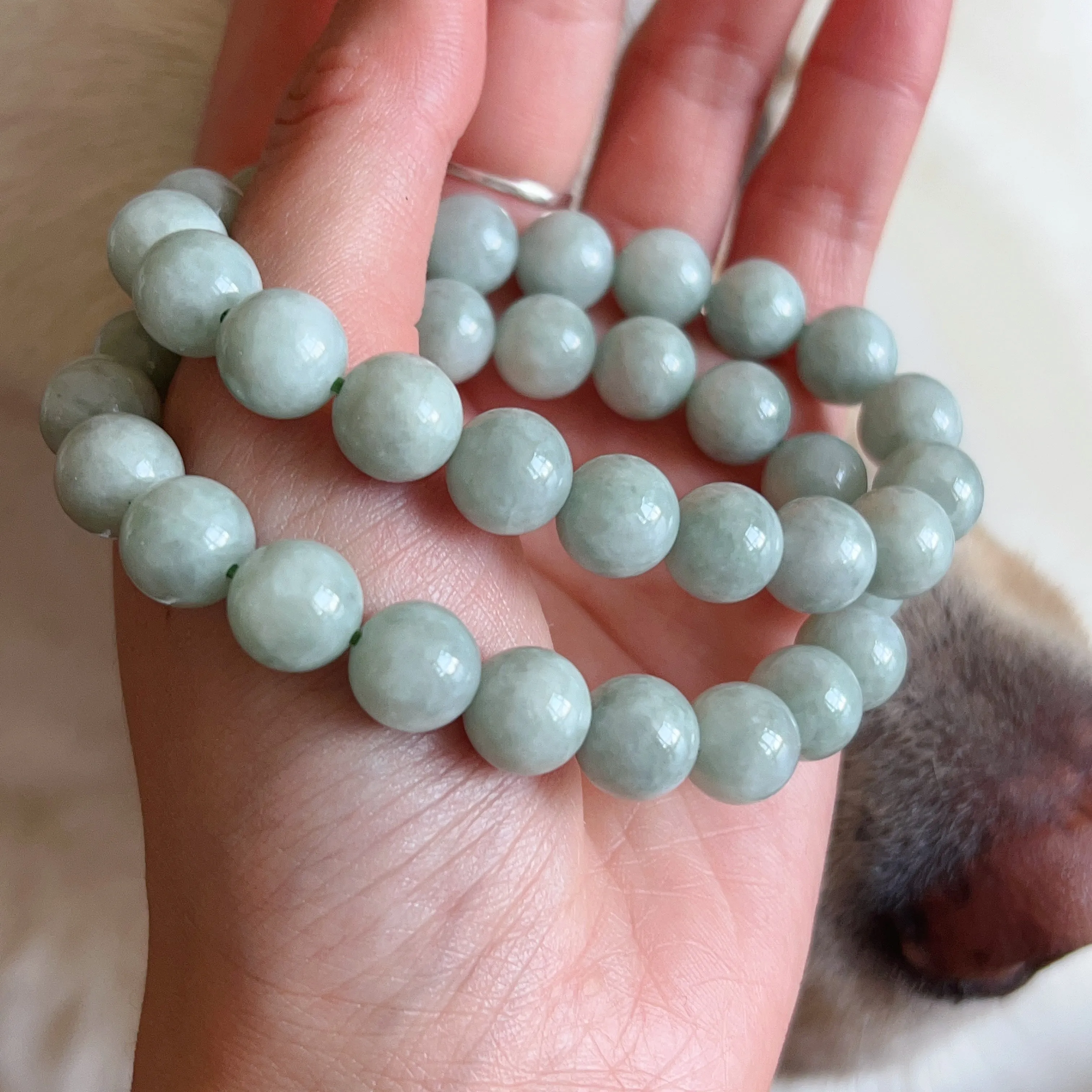 Natural Jadeite Healing Stone Elastic Bracelet | 10.3mm Jade Beads Jewelry Handmade by Karen | 4th Heart Chakra Lower Blood Pressure